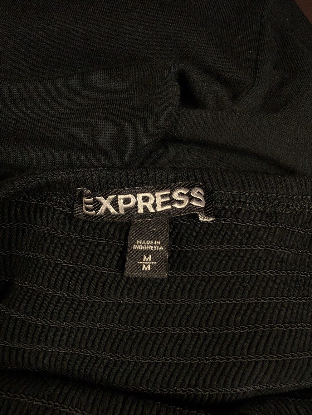 Express Black Maxi Dress Smocked Textured Bodice Dramatic Double Slit Stretchy M - Picture 5 of 13